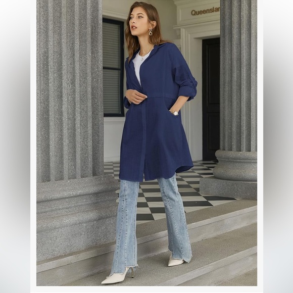 🆕 Women's Cuffed Sleeve Collared Button Down Shirt Dress Cover-Up Blue Medium - Picture 2 of 11